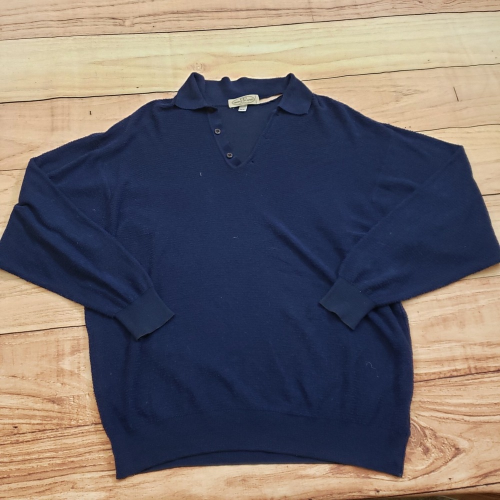 VINTAGE Pronto Uomo Sweater Mens Extra Large Blue Terry Cloth Collard Adult *